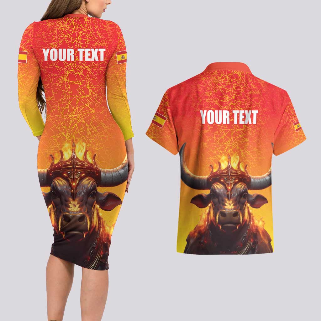 Personalized Spain Bull with Crown Couples Matching Long Sleeve Bodycon Dress and Hawaiian Shirt Espana Flag with Coat of Arms