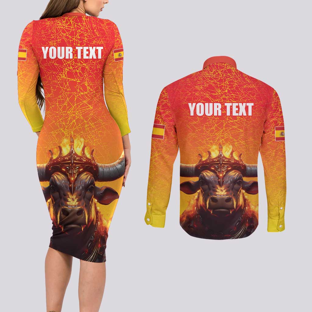 Personalized Spain Bull with Crown Couples Matching Long Sleeve Bodycon Dress and Long Sleeve Button Shirt Espana Flag with Coat of Arms