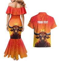 Personalized Spain Bull with Crown Couples Matching Mermaid Dress and Hawaiian Shirt Espana Flag with Coat of Arms