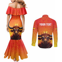 Personalized Spain Bull with Crown Couples Matching Mermaid Dress and Long Sleeve Button Shirt Espana Flag with Coat of Arms
