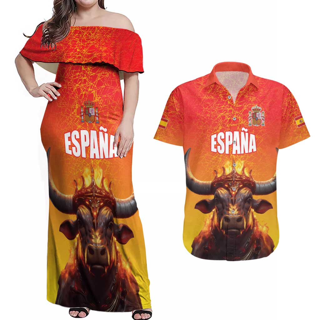 Personalized Spain Bull with Crown Couples Matching Off Shoulder Maxi Dress and Hawaiian Shirt Espana Flag with Coat of Arms
