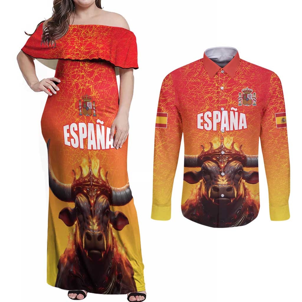 Personalized Spain Bull with Crown Couples Matching Off Shoulder Maxi Dress and Long Sleeve Button Shirt Espana Flag with Coat of Arms