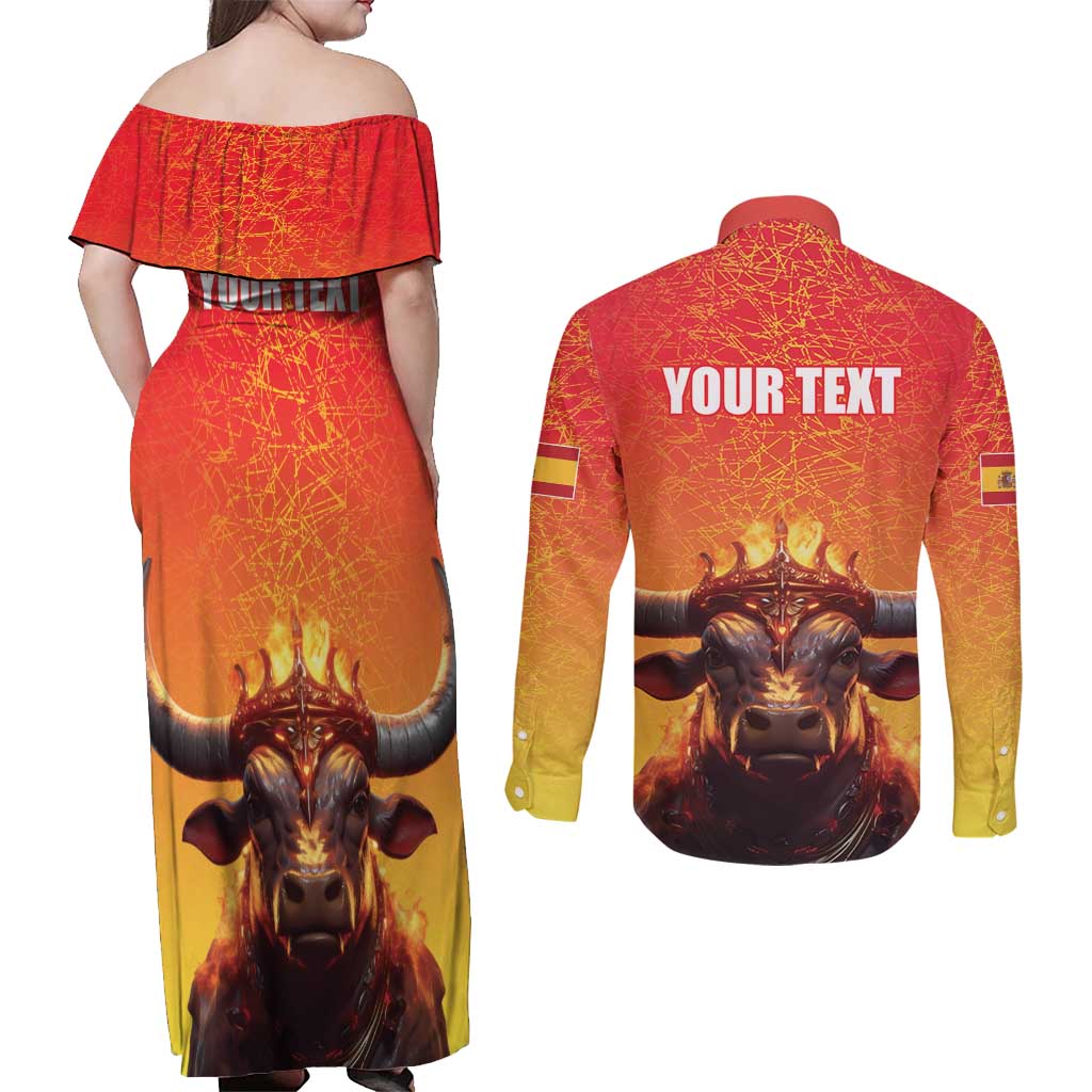 Personalized Spain Bull with Crown Couples Matching Off Shoulder Maxi Dress and Long Sleeve Button Shirt Espana Flag with Coat of Arms