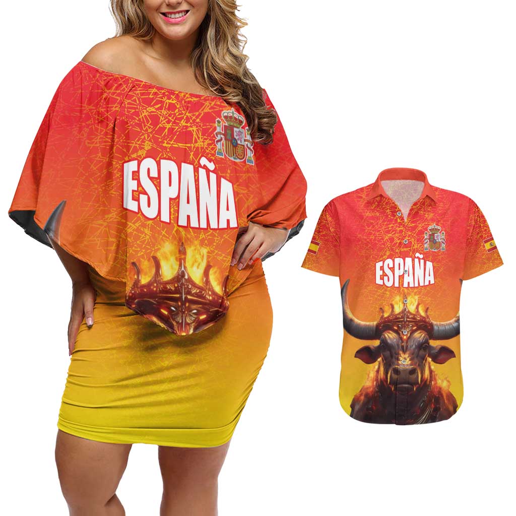 Personalized Spain Bull with Crown Couples Matching Off Shoulder Short Dress and Hawaiian Shirt Espana Flag with Coat of Arms