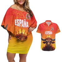 Personalized Spain Bull with Crown Couples Matching Off Shoulder Short Dress and Hawaiian Shirt Espana Flag with Coat of Arms