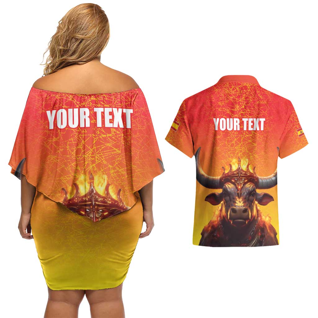 Personalized Spain Bull with Crown Couples Matching Off Shoulder Short Dress and Hawaiian Shirt Espana Flag with Coat of Arms