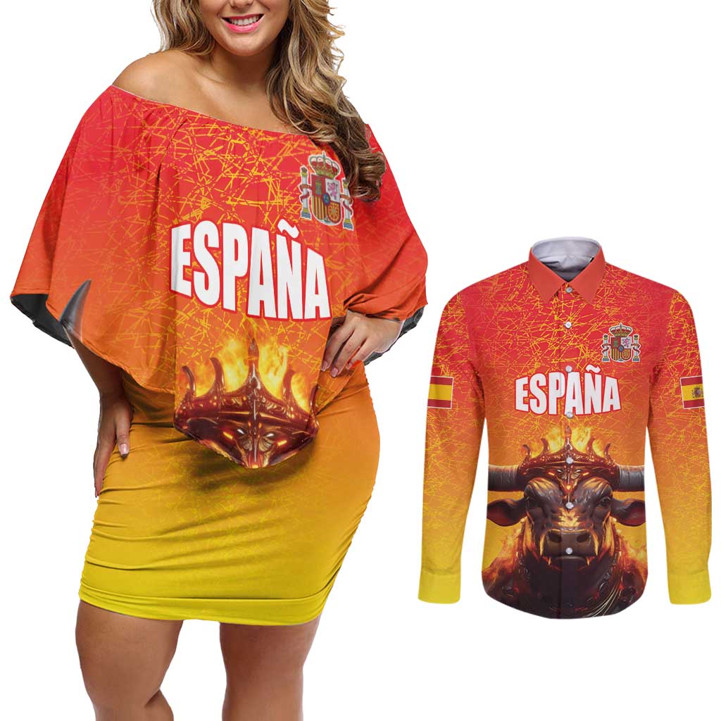 Personalized Spain Bull with Crown Couples Matching Off Shoulder Short Dress and Long Sleeve Button Shirt Espana Flag with Coat of Arms