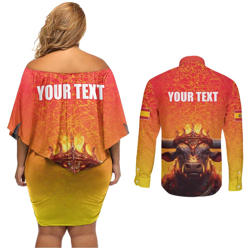 Personalized Spain Bull with Crown Couples Matching Off Shoulder Short Dress and Long Sleeve Button Shirt Espana Flag with Coat of Arms