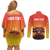 Personalized Spain Bull with Crown Couples Matching Off Shoulder Short Dress and Long Sleeve Button Shirt Espana Flag with Coat of Arms