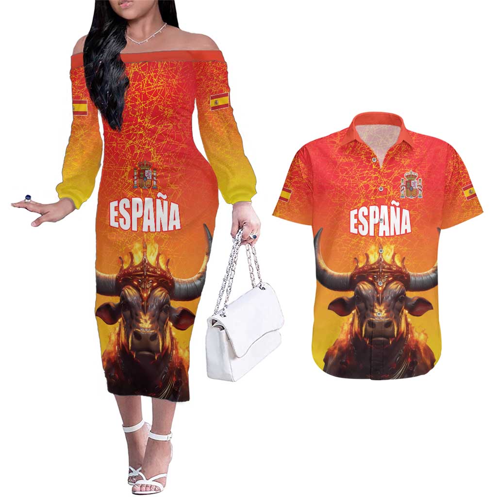 Personalized Spain Bull with Crown Couples Matching Off The Shoulder Long Sleeve Dress and Hawaiian Shirt Espana Flag with Coat of Arms