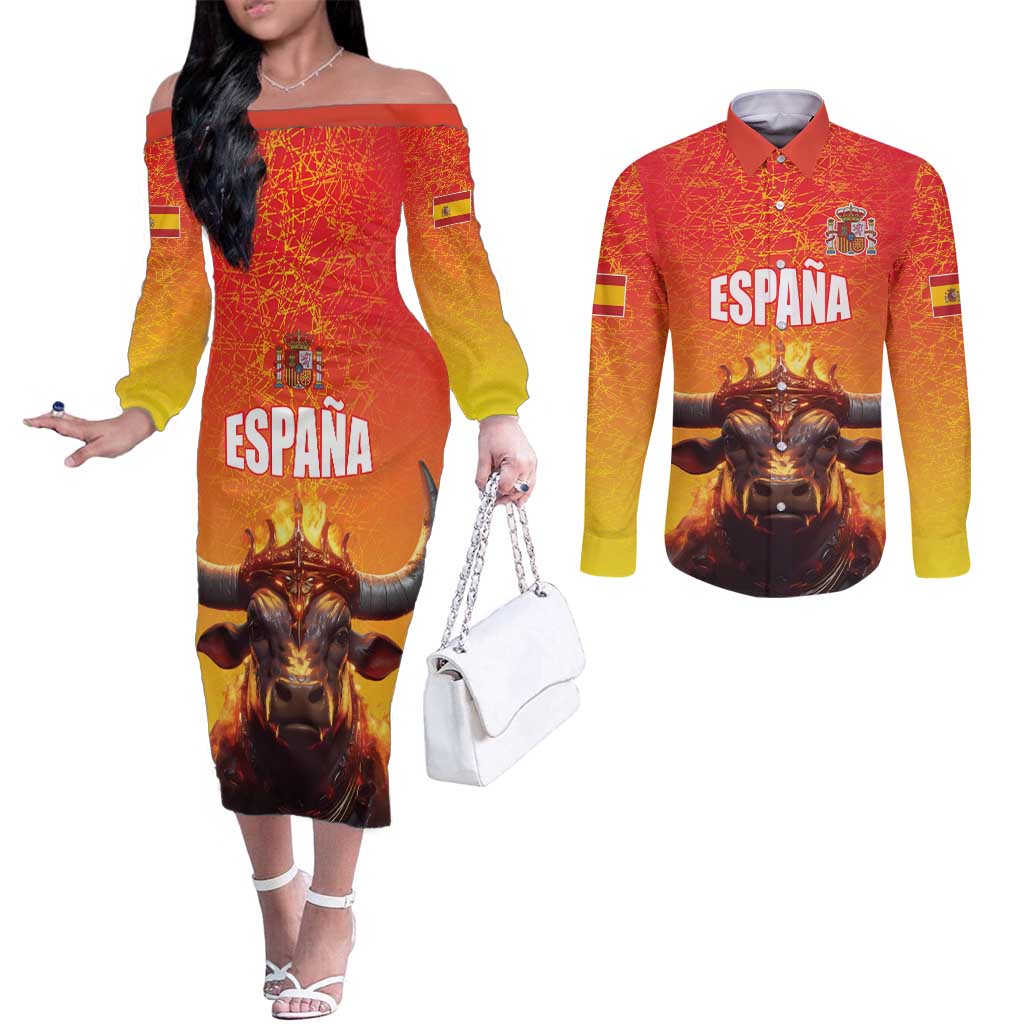 Personalized Spain Bull with Crown Couples Matching Off The Shoulder Long Sleeve Dress and Long Sleeve Button Shirt Espana Flag with Coat of Arms