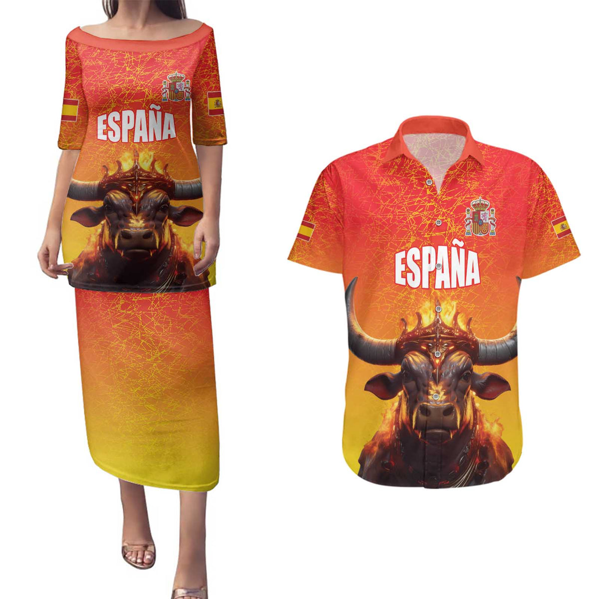 Personalized Spain Bull with Crown Couples Matching Puletasi and Hawaiian Shirt Espana Flag with Coat of Arms