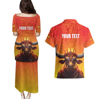 Personalized Spain Bull with Crown Couples Matching Puletasi and Hawaiian Shirt Espana Flag with Coat of Arms
