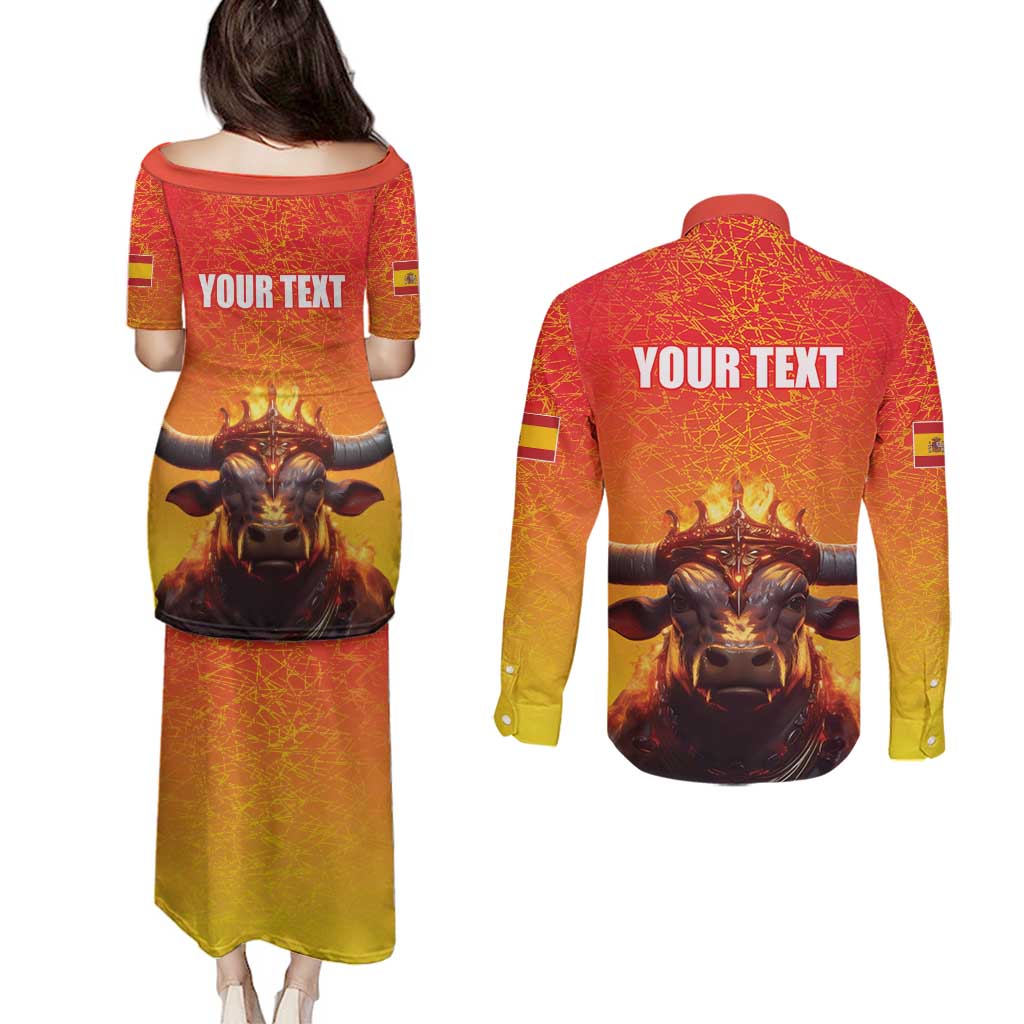 Personalized Spain Bull with Crown Couples Matching Puletasi and Long Sleeve Button Shirt Espana Flag with Coat of Arms