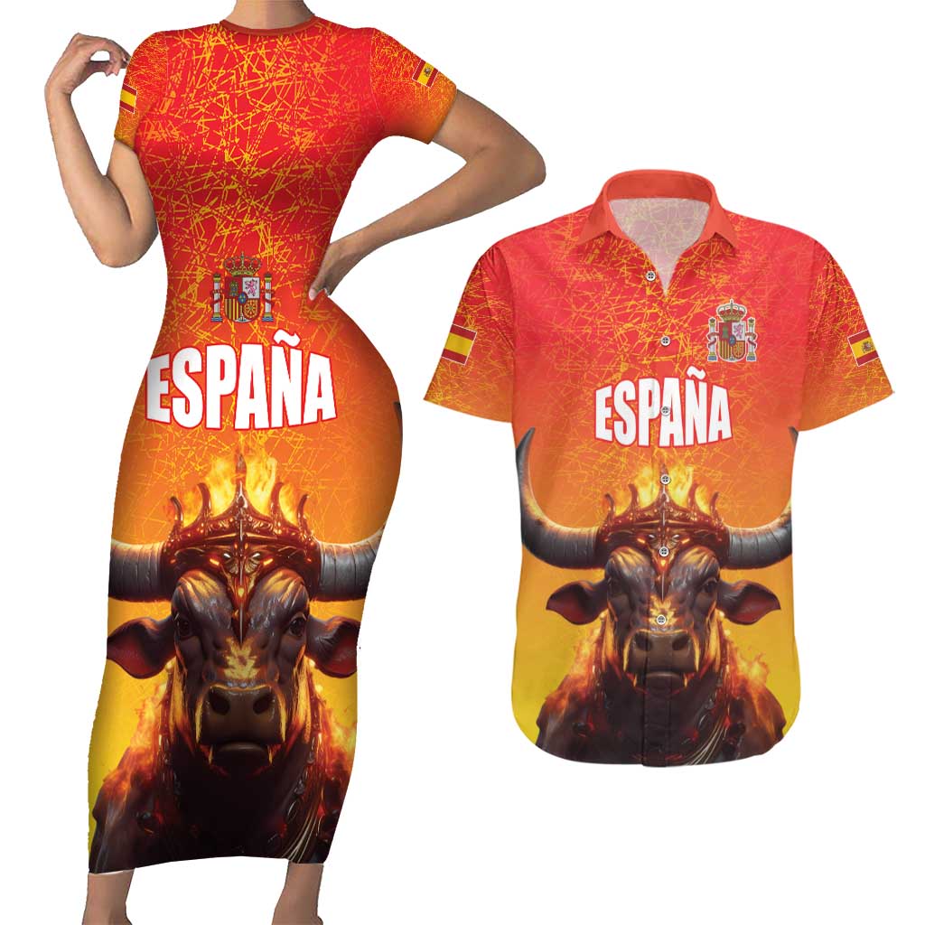 Personalized Spain Bull with Crown Couples Matching Short Sleeve Bodycon Dress and Hawaiian Shirt Espana Flag with Coat of Arms