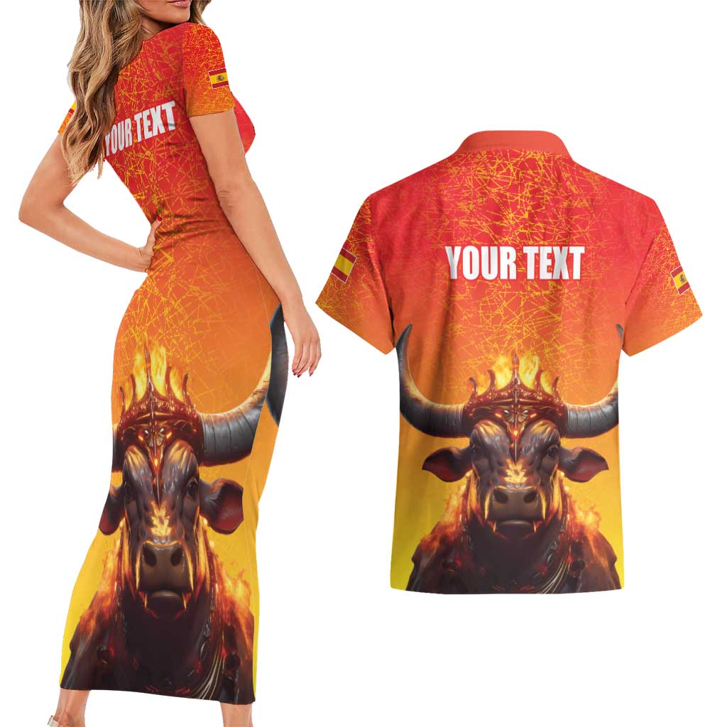 Personalized Spain Bull with Crown Couples Matching Short Sleeve Bodycon Dress and Hawaiian Shirt Espana Flag with Coat of Arms