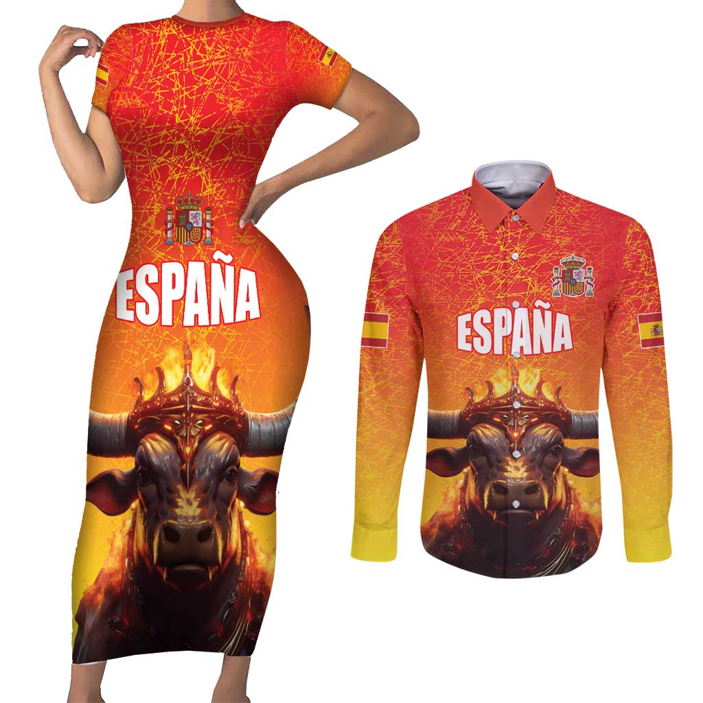 Personalized Spain Bull with Crown Couples Matching Short Sleeve Bodycon Dress and Long Sleeve Button Shirt Espana Flag with Coat of Arms