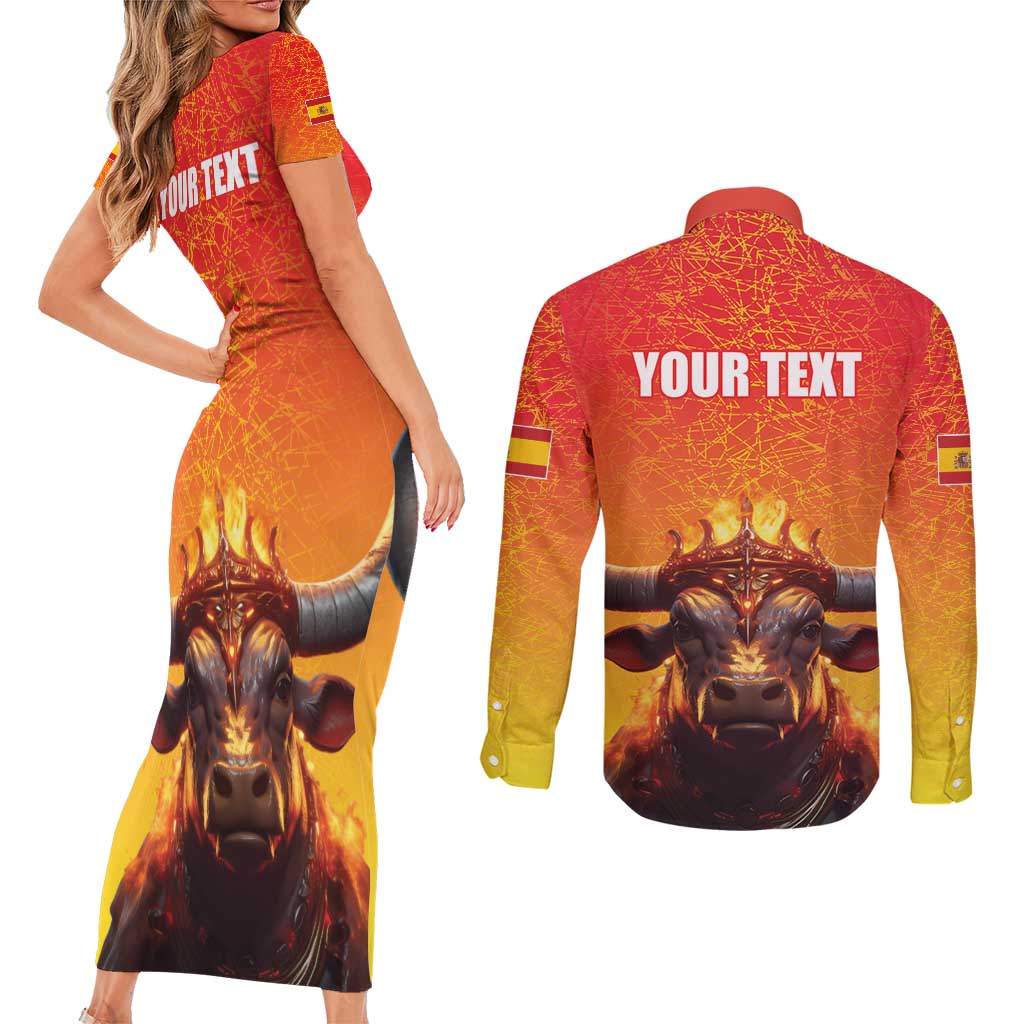 Personalized Spain Bull with Crown Couples Matching Short Sleeve Bodycon Dress and Long Sleeve Button Shirt Espana Flag with Coat of Arms