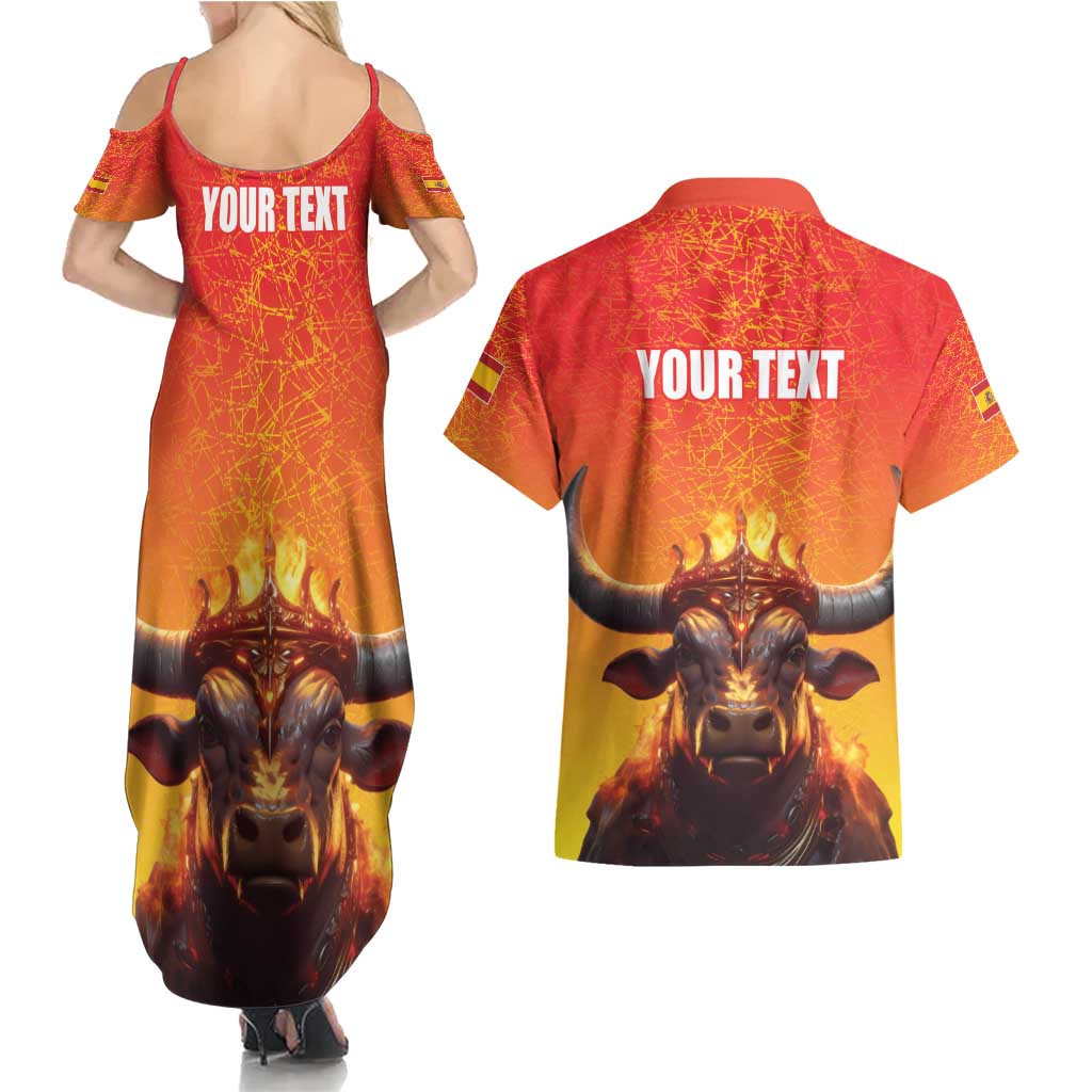 Personalized Spain Bull with Crown Couples Matching Summer Maxi Dress and Hawaiian Shirt Espana Flag with Coat of Arms