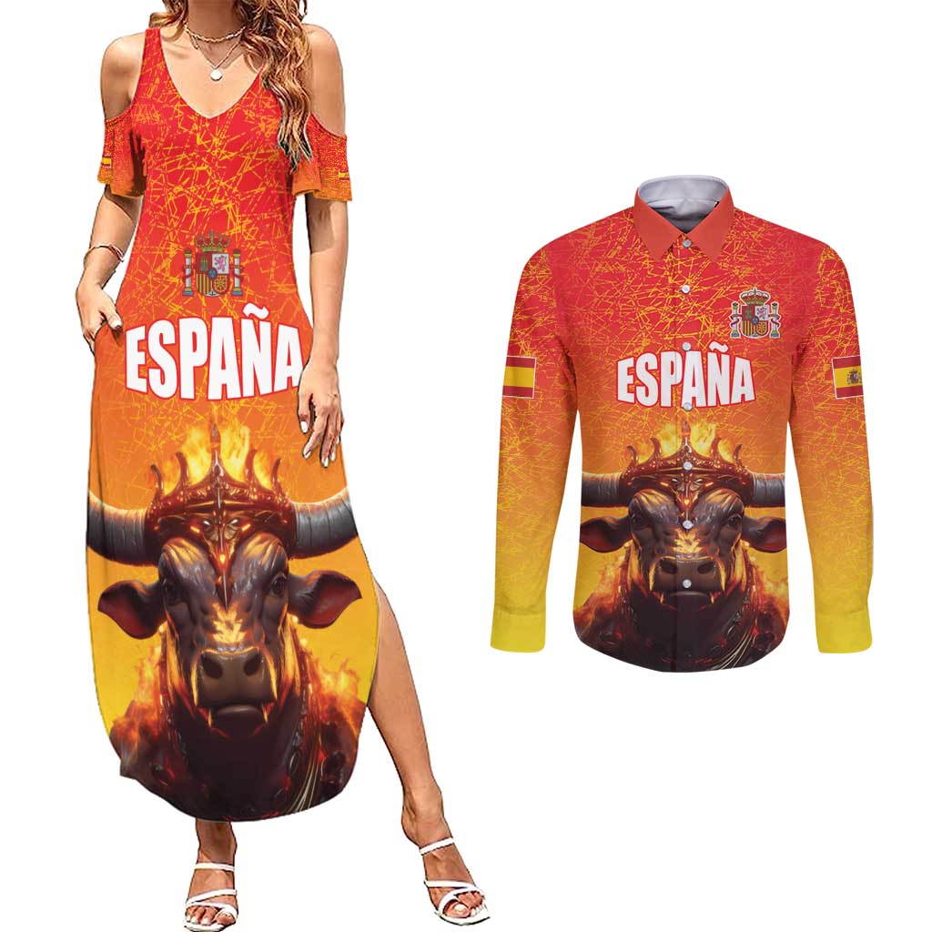 Personalized Spain Bull with Crown Couples Matching Summer Maxi Dress and Long Sleeve Button Shirt Espana Flag with Coat of Arms