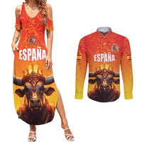 Personalized Spain Bull with Crown Couples Matching Summer Maxi Dress and Long Sleeve Button Shirt Espana Flag with Coat of Arms