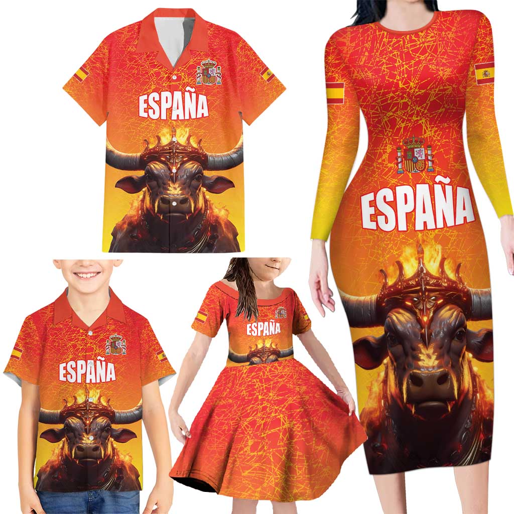 Personalized Spain Bull with Crown Family Matching Long Sleeve Bodycon Dress and Hawaiian Shirt Espana Flag with Coat of Arms