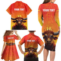 Personalized Spain Bull with Crown Family Matching Long Sleeve Bodycon Dress and Hawaiian Shirt Espana Flag with Coat of Arms
