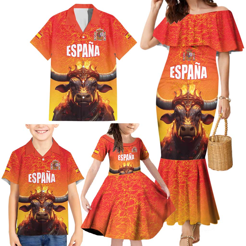 Personalized Spain Bull with Crown Family Matching Mermaid Dress and Hawaiian Shirt Espana Flag with Coat of Arms