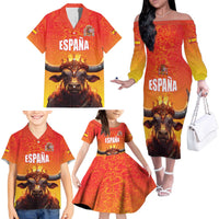 Personalized Spain Bull with Crown Family Matching Off The Shoulder Long Sleeve Dress and Hawaiian Shirt Espana Flag with Coat of Arms