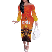 Personalized Spain Bull with Crown Family Matching Off The Shoulder Long Sleeve Dress and Hawaiian Shirt Espana Flag with Coat of Arms