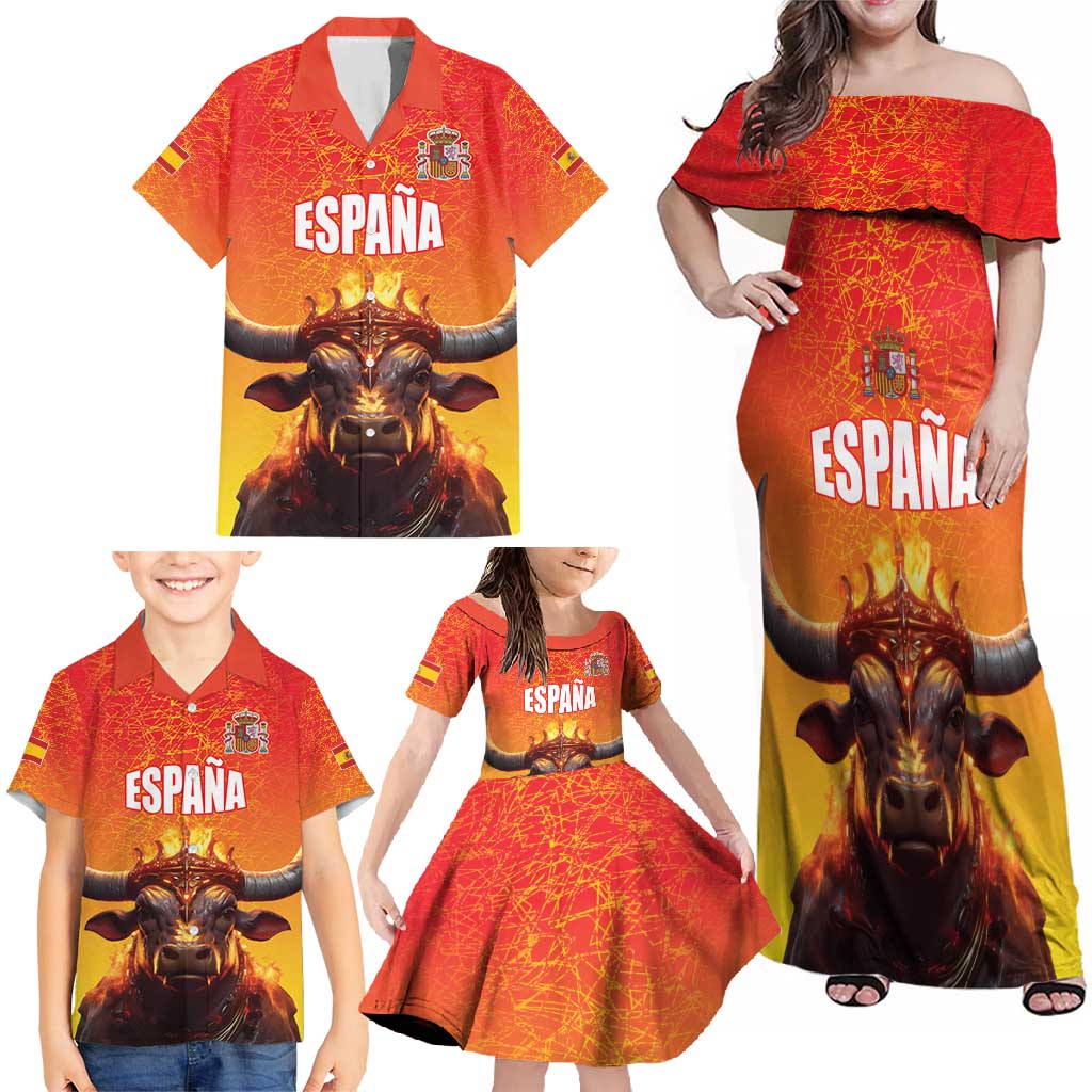 Personalized Spain Bull with Crown Family Matching Off Shoulder Maxi Dress and Hawaiian Shirt Espana Flag with Coat of Arms