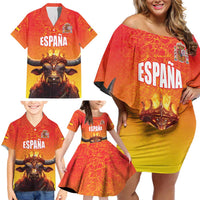 Personalized Spain Bull with Crown Family Matching Off Shoulder Short Dress and Hawaiian Shirt Espana Flag with Coat of Arms