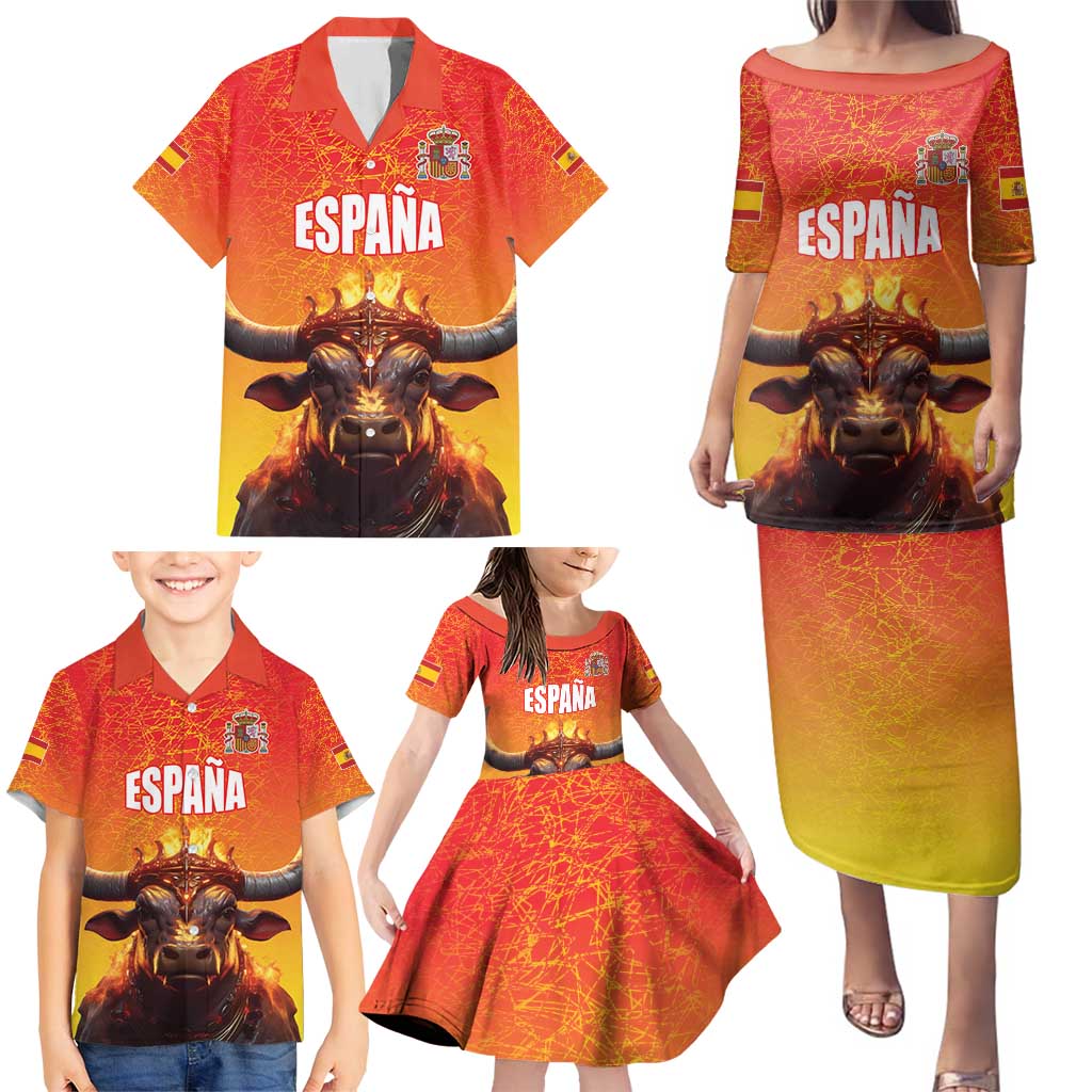 Personalized Spain Bull with Crown Family Matching Puletasi and Hawaiian Shirt Espana Flag with Coat of Arms