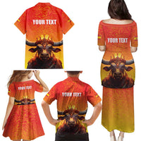 Personalized Spain Bull with Crown Family Matching Puletasi and Hawaiian Shirt Espana Flag with Coat of Arms