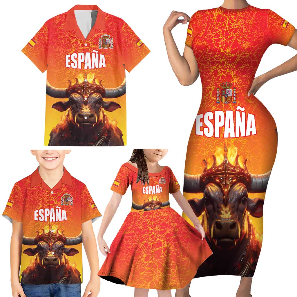 Personalized Spain Bull with Crown Family Matching Short Sleeve Bodycon Dress and Hawaiian Shirt Espana Flag with Coat of Arms
