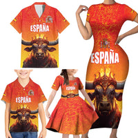 Personalized Spain Bull with Crown Family Matching Short Sleeve Bodycon Dress and Hawaiian Shirt Espana Flag with Coat of Arms