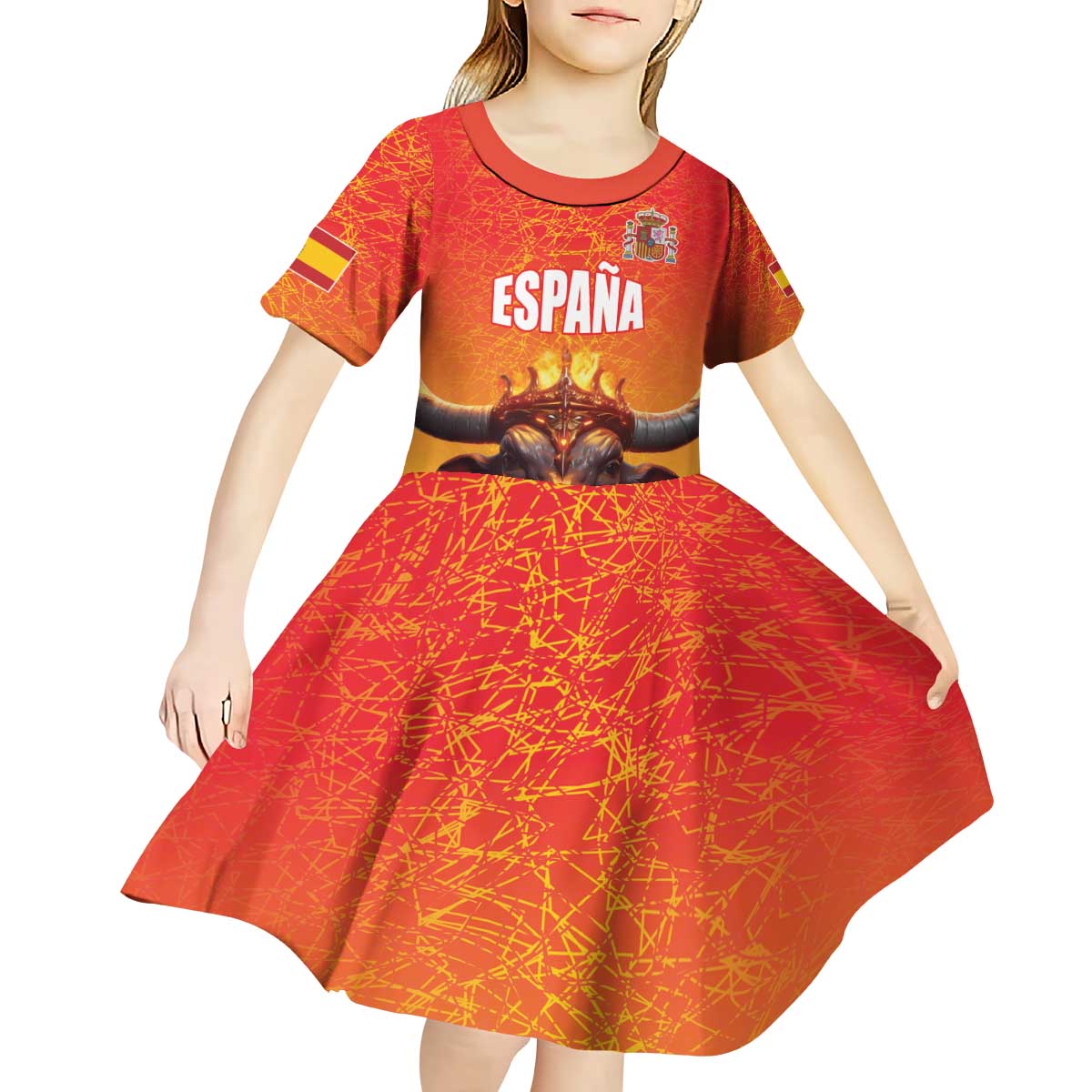 Personalized Spain Bull with Crown Kid Short Sleeve Dress Espana Flag with Coat of Arms