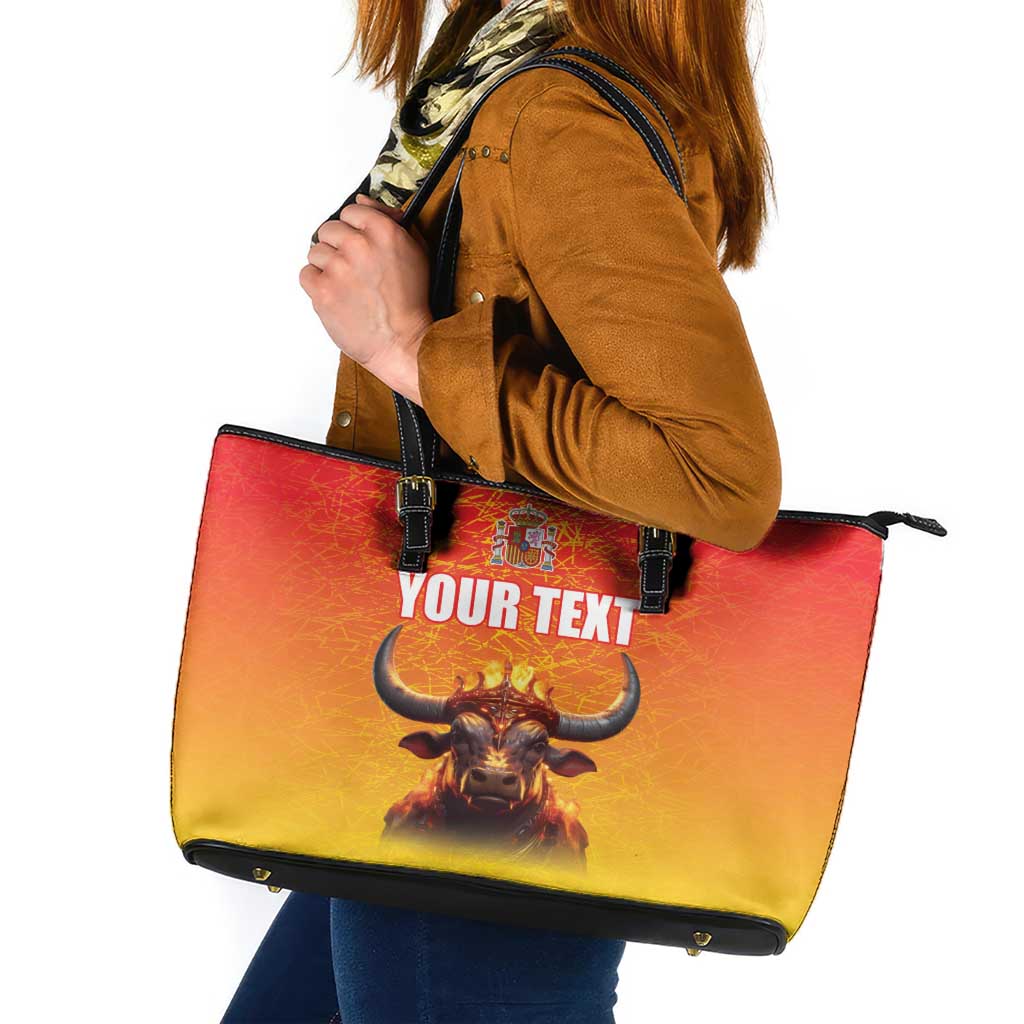 Personalized Spain Bull with Crown Leather Tote Bag Espana Flag with Coat of Arms
