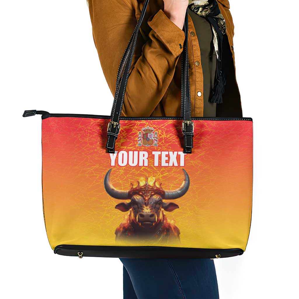 Personalized Spain Bull with Crown Leather Tote Bag Espana Flag with Coat of Arms