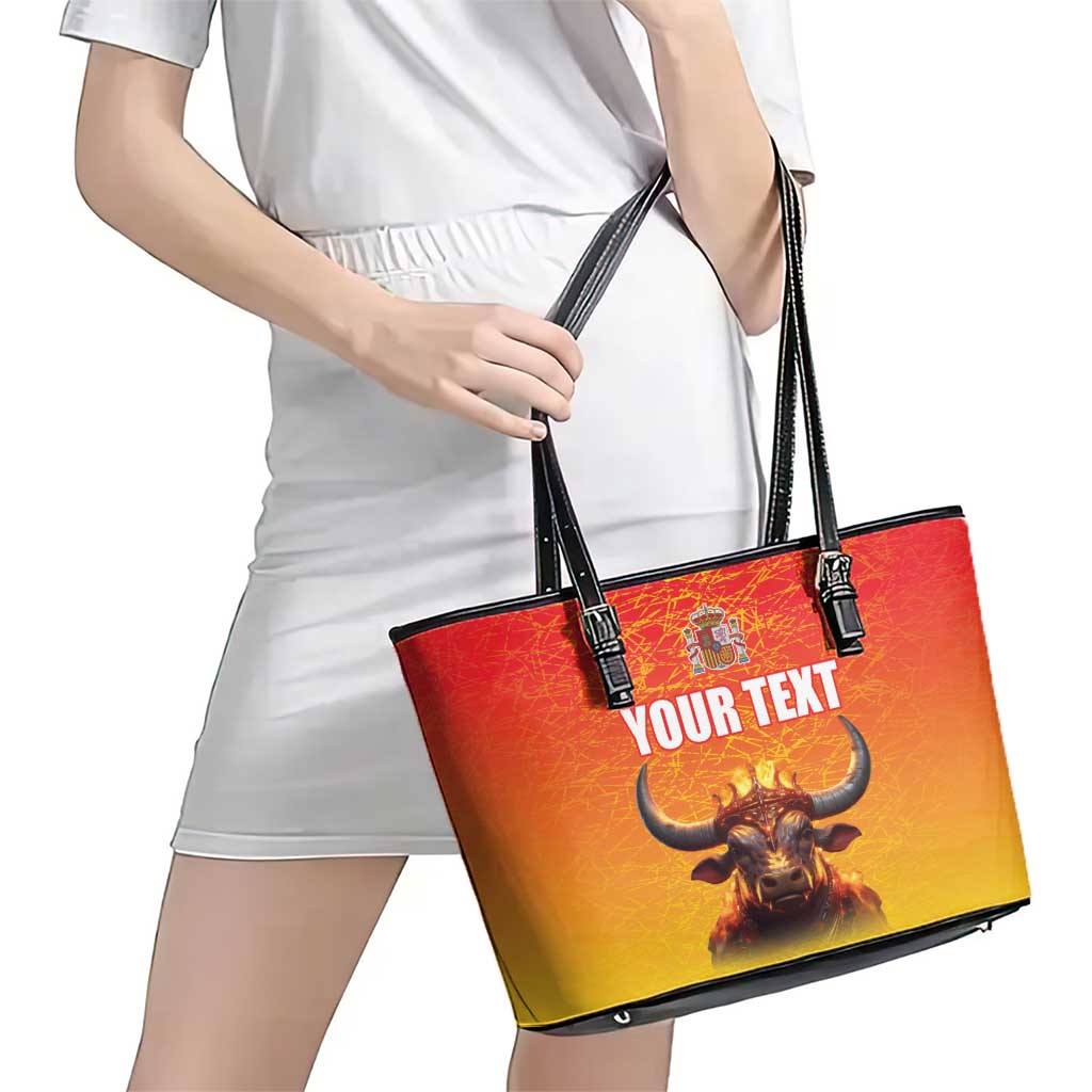 Personalized Spain Bull with Crown Leather Tote Bag Espana Flag with Coat of Arms