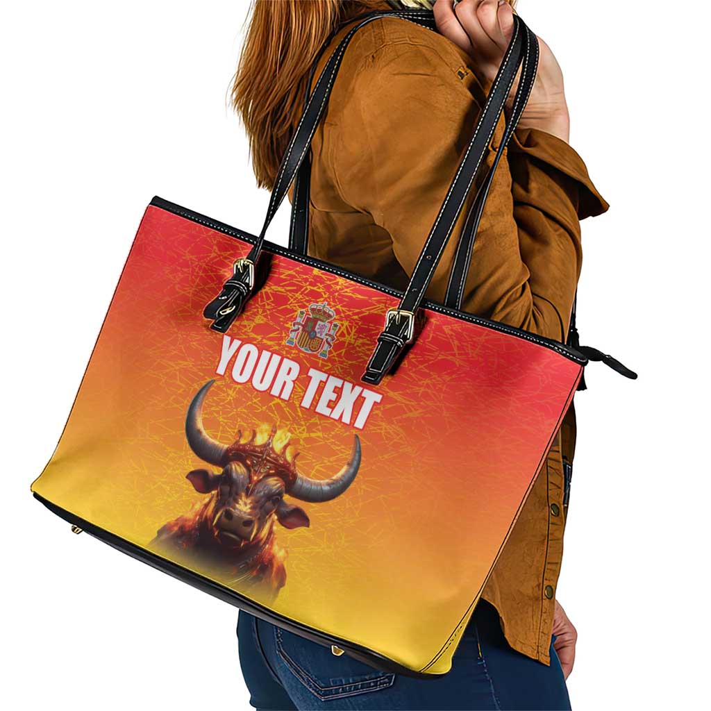 Personalized Spain Bull with Crown Leather Tote Bag Espana Flag with Coat of Arms