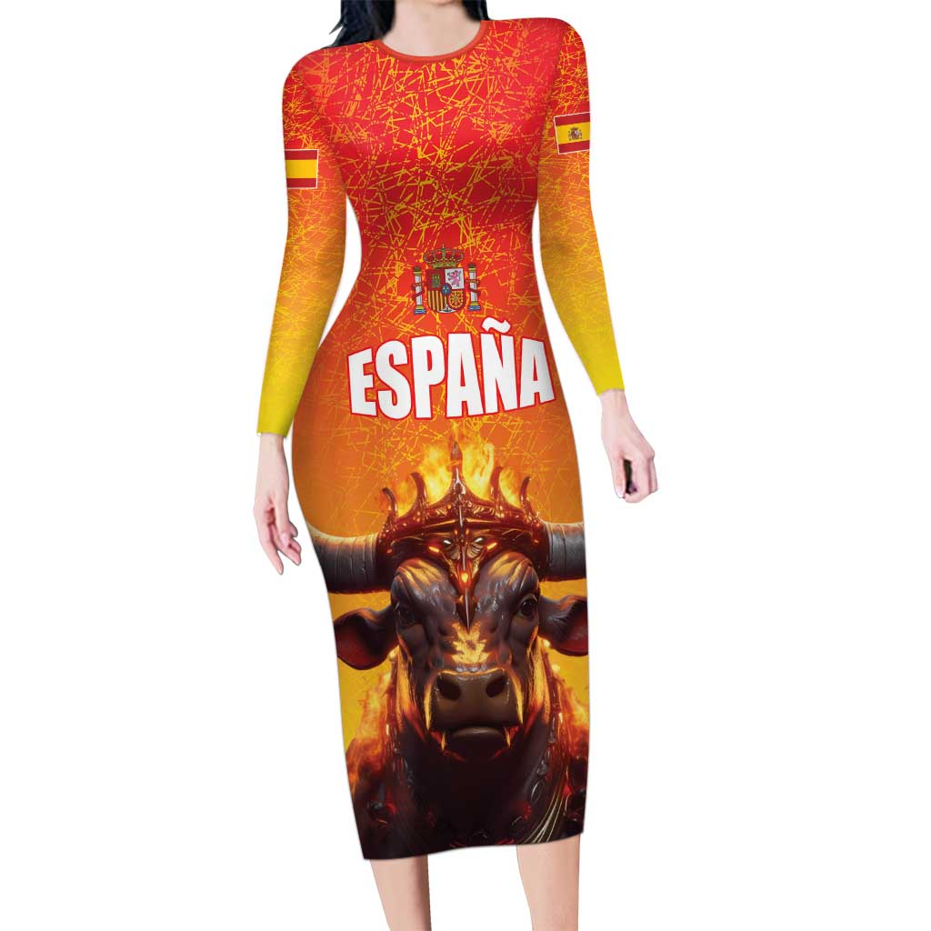 Personalized Spain Bull with Crown Long Sleeve Bodycon Dress Espana Flag with Coat of Arms