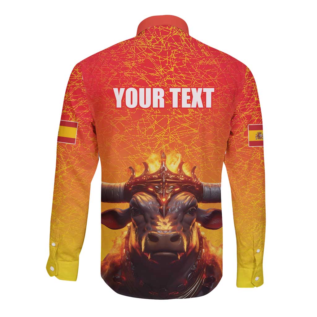 Personalized Spain Bull with Crown Long Sleeve Button Shirt Espana Flag with Coat of Arms