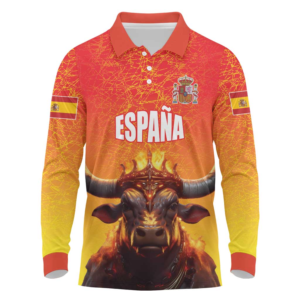 Personalized Spain Bull with Crown Long Sleeve Polo Shirt Espana Flag with Coat of Arms