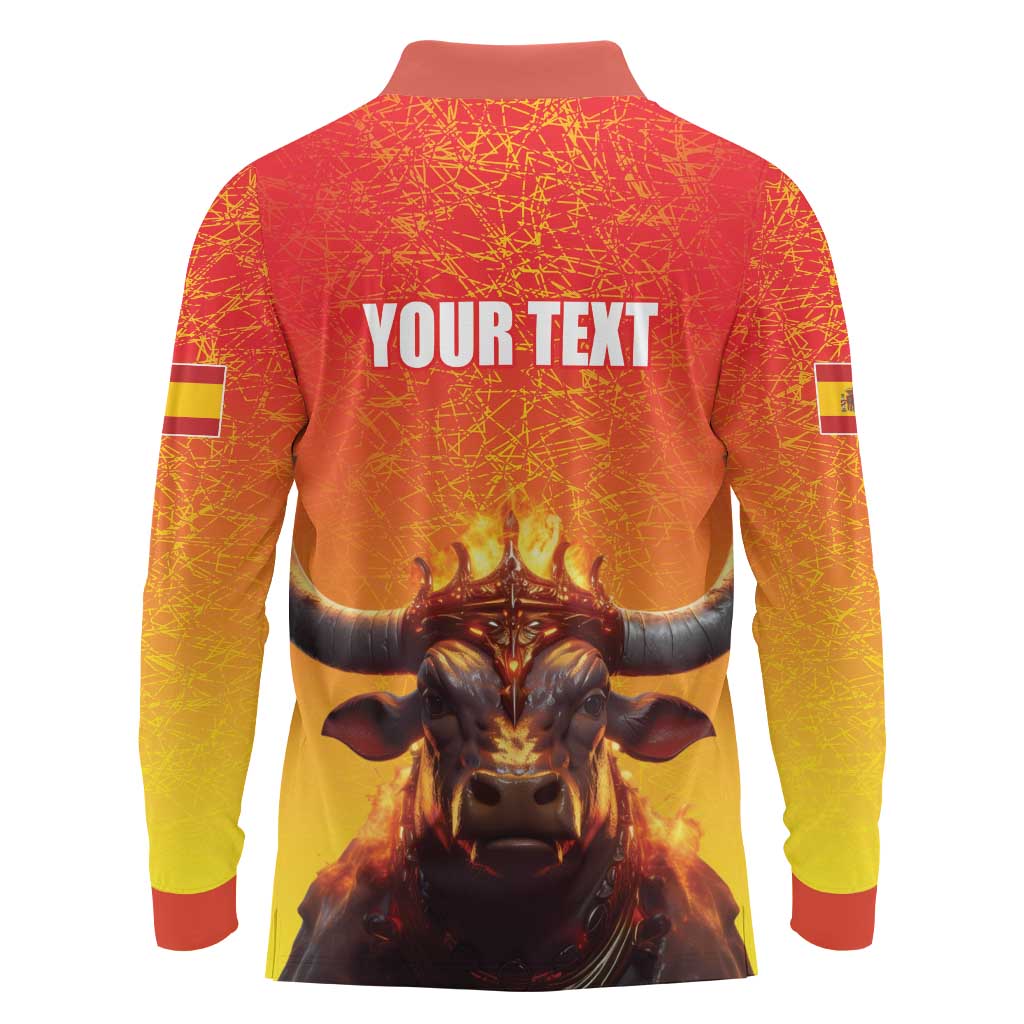 Personalized Spain Bull with Crown Long Sleeve Polo Shirt Espana Flag with Coat of Arms