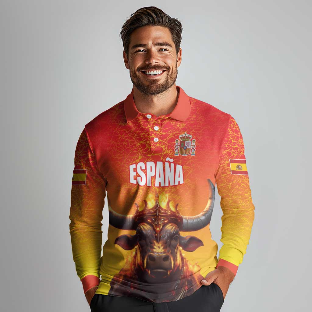 Personalized Spain Bull with Crown Long Sleeve Polo Shirt Espana Flag with Coat of Arms