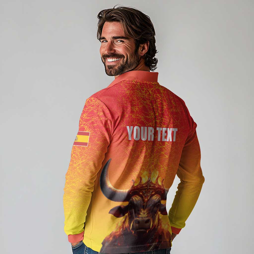 Personalized Spain Bull with Crown Long Sleeve Polo Shirt Espana Flag with Coat of Arms