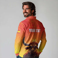 Personalized Spain Bull with Crown Long Sleeve Polo Shirt Espana Flag with Coat of Arms