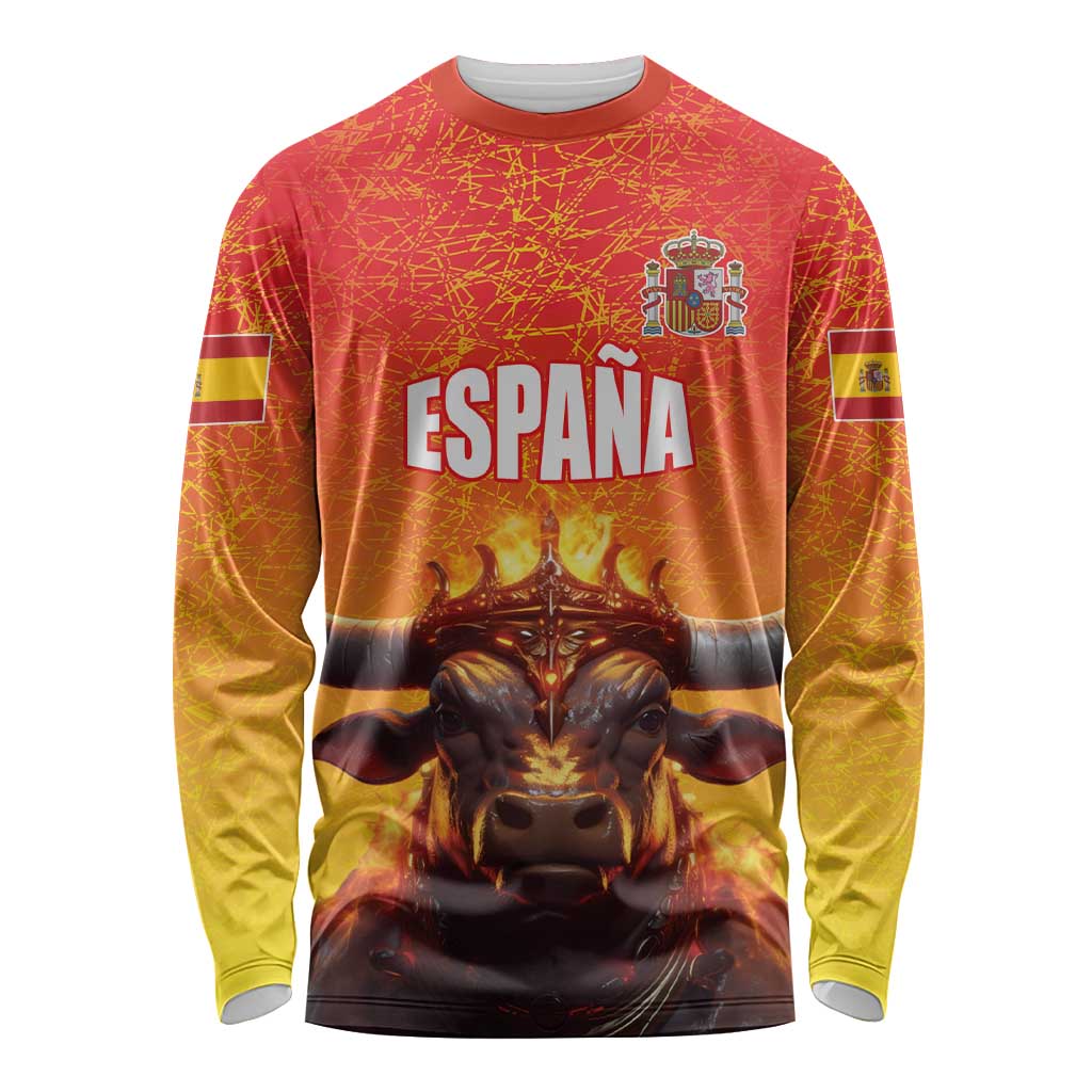 Personalized Spain Bull with Crown Long Sleeve Shirt Espana Flag with Coat of Arms