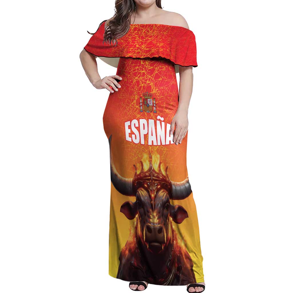 Personalized Spain Bull with Crown Off Shoulder Maxi Dress Espana Flag with Coat of Arms